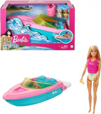 Barbie Doll & Toy Boat Playset with Pet Puppy, Life Vest & Beverage Accessories,...