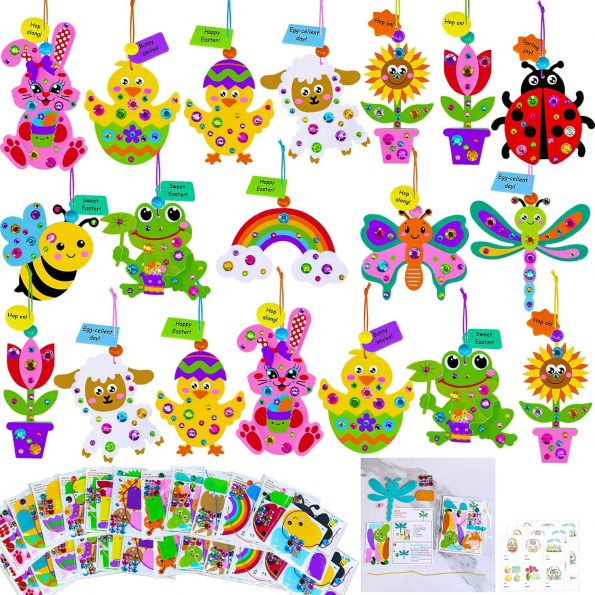 Winlyn 24 Sets Spring Craft Kits Easter Crafts DIY Spring Bug Flower Rainbow Bunny Lamb Chick Ornaments Decorations Spring Arts and Crafts for Kids Easter Spring Classroom Art Activities Party Favors