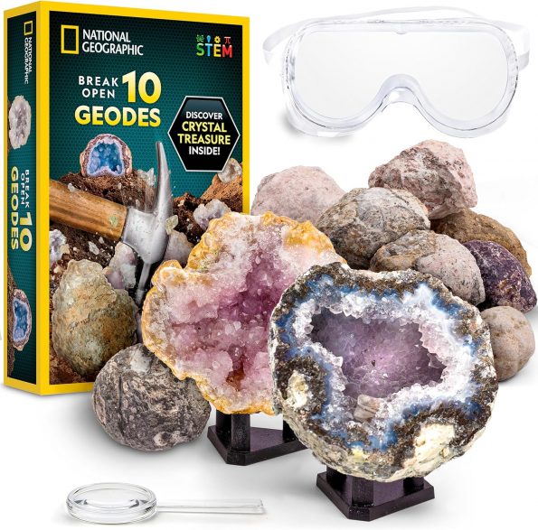 NATIONAL GEOGRAPHIC Break Open 10 Premium Geodes – Includes Goggles and 2 Display Stands – Great STEM Science Kit, Geology Gift for Kids, Break Your Own Geodes with Crystals, Toys for Boys and Girls
