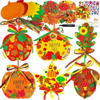Winlyn 24 Sets Fall Crafts Kits DIY Thanksgiving Pumpkin Apple Acorn Autumn Leaf Ornaments Decorations Sets Foam Stickers Arts and Crafts for Kids Holiday Party Favors Home Classroom Activities